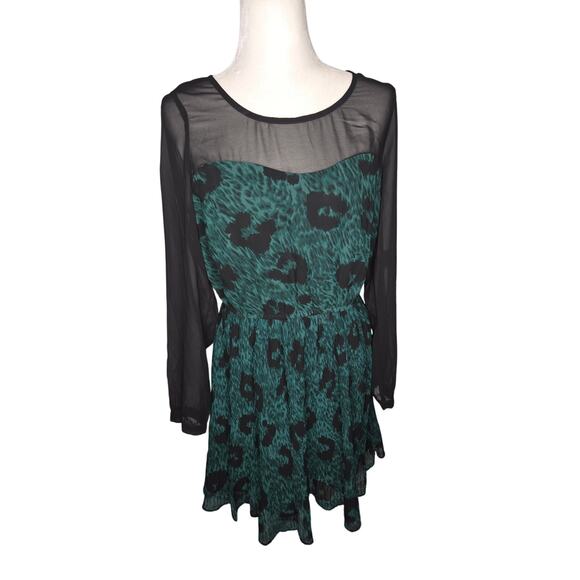 Jessica Simpson  Botanical Fauna Teal Green Black Pleat Leopard Print Dress M - Picture 1 of 4